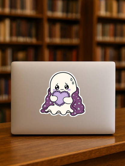 Anxiety Ghost Pack vinyl sticker on a laptop — ruffle-wrap revision