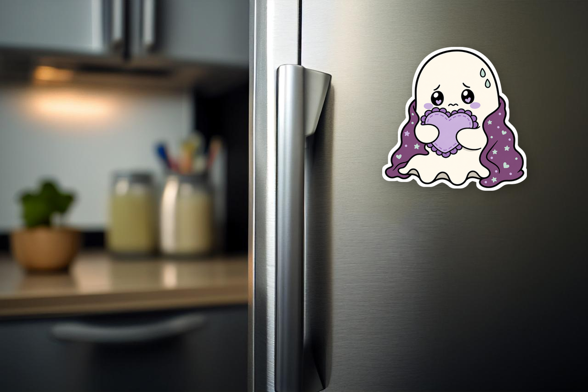 Anxiety Ghost Pack flat magnet on a refrigerator — ruffle-wrap revision