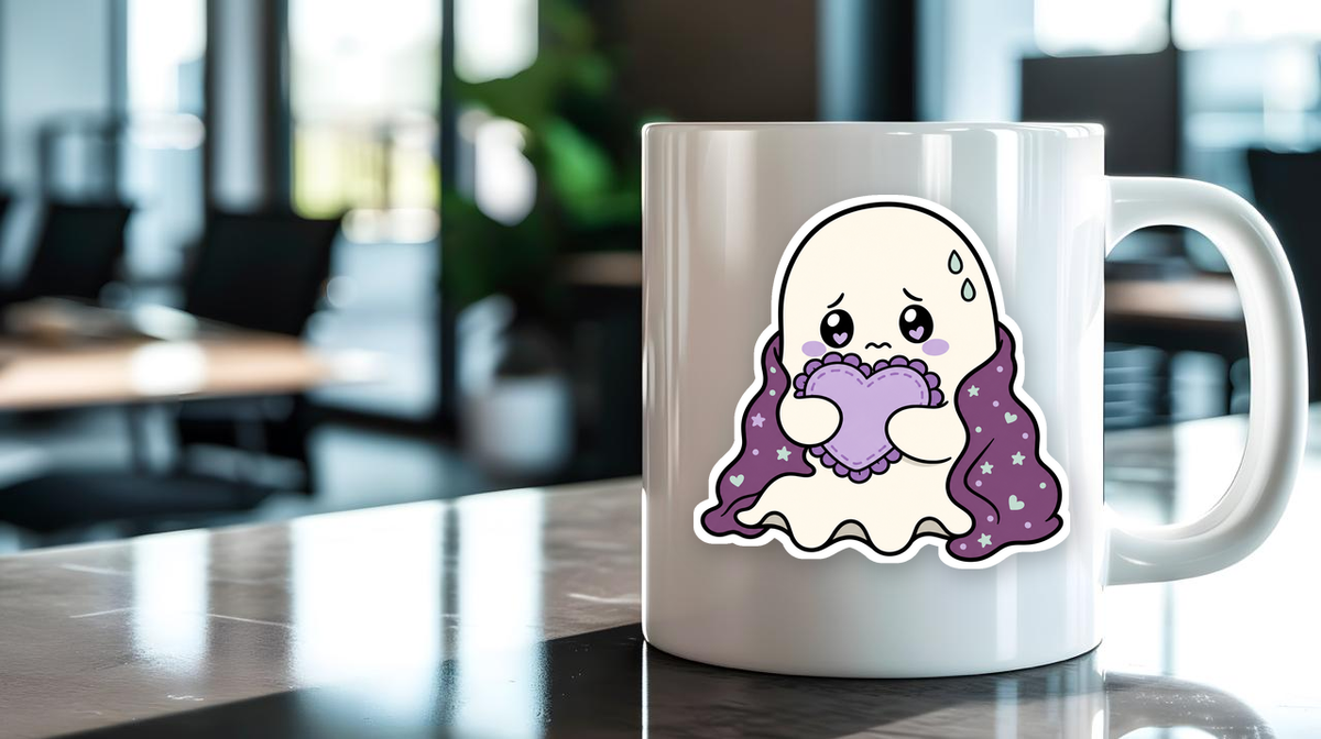 Anxiety Ghost Pack sticker on a mug — ruffle-wrap revision