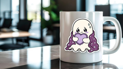 Anxiety Ghost Pack sticker on a mug — ruffle-wrap revision