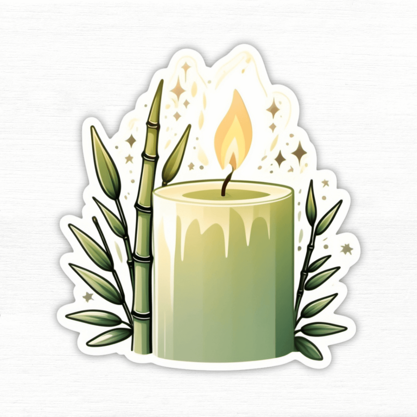 Calming Bamboo Candle Vinyl Sticker featuring a green candle and bamboo design with a flickering flame.