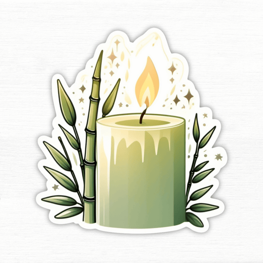 Calming Bamboo Candle Vinyl Sticker featuring a green candle and bamboo design with a flickering flame.