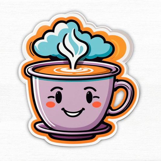 Coffee Vibes Only – Retro Coffee Cup Sticker featuring a smiling coffee cup with steam and a colorful design.