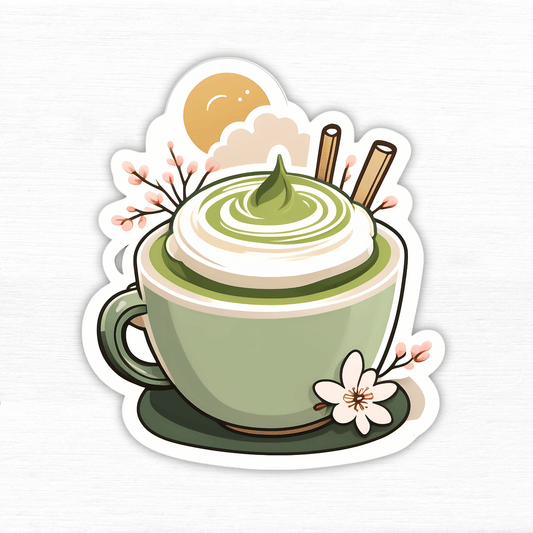 Matcha Vibes & Cozy Reads Vinyl Sticker featuring a green cup of matcha with whipped cream and floral accents.