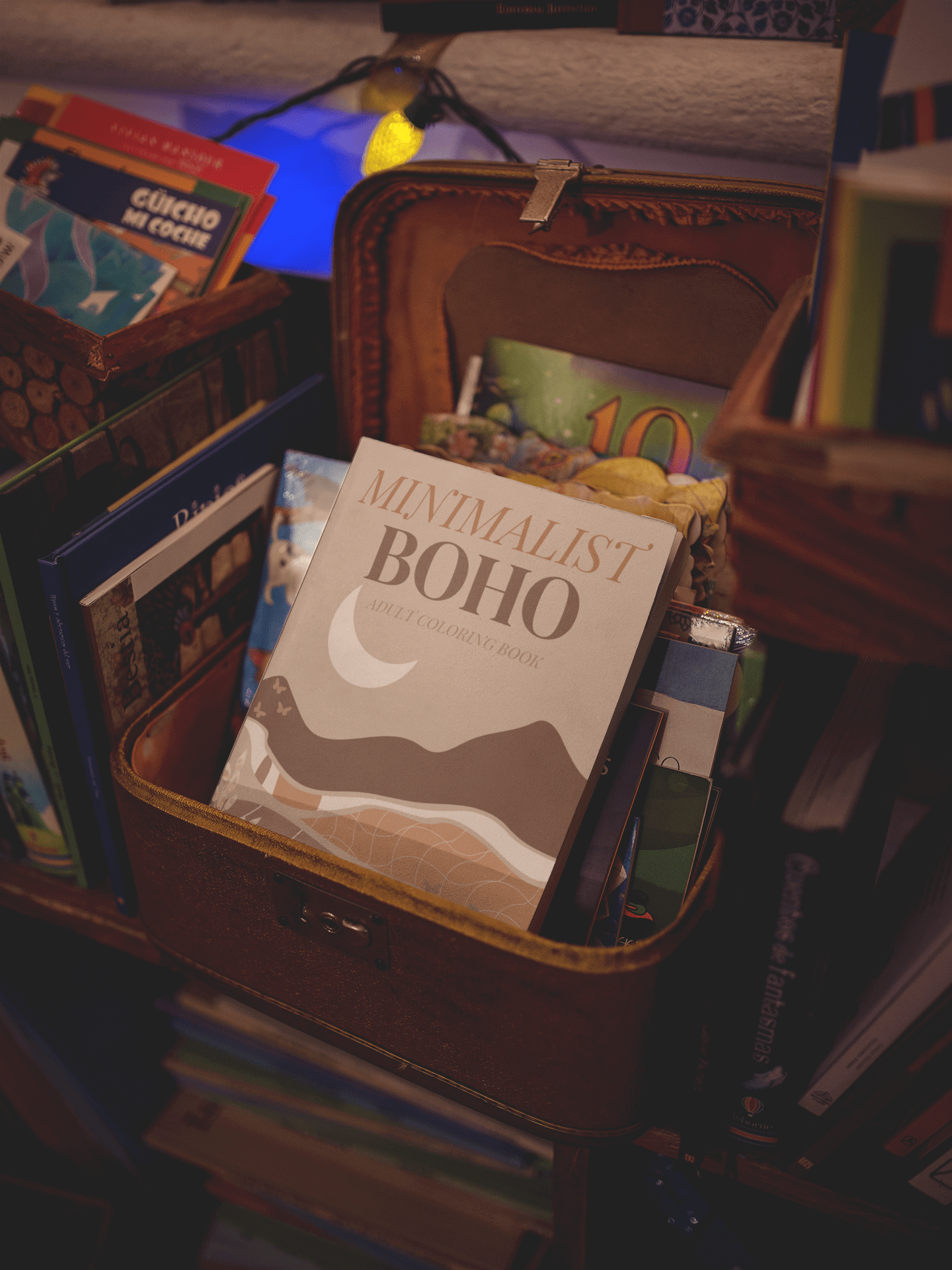 Minimalist Boho Adult Coloring Book displayed in a vintage basket among other colorful books.