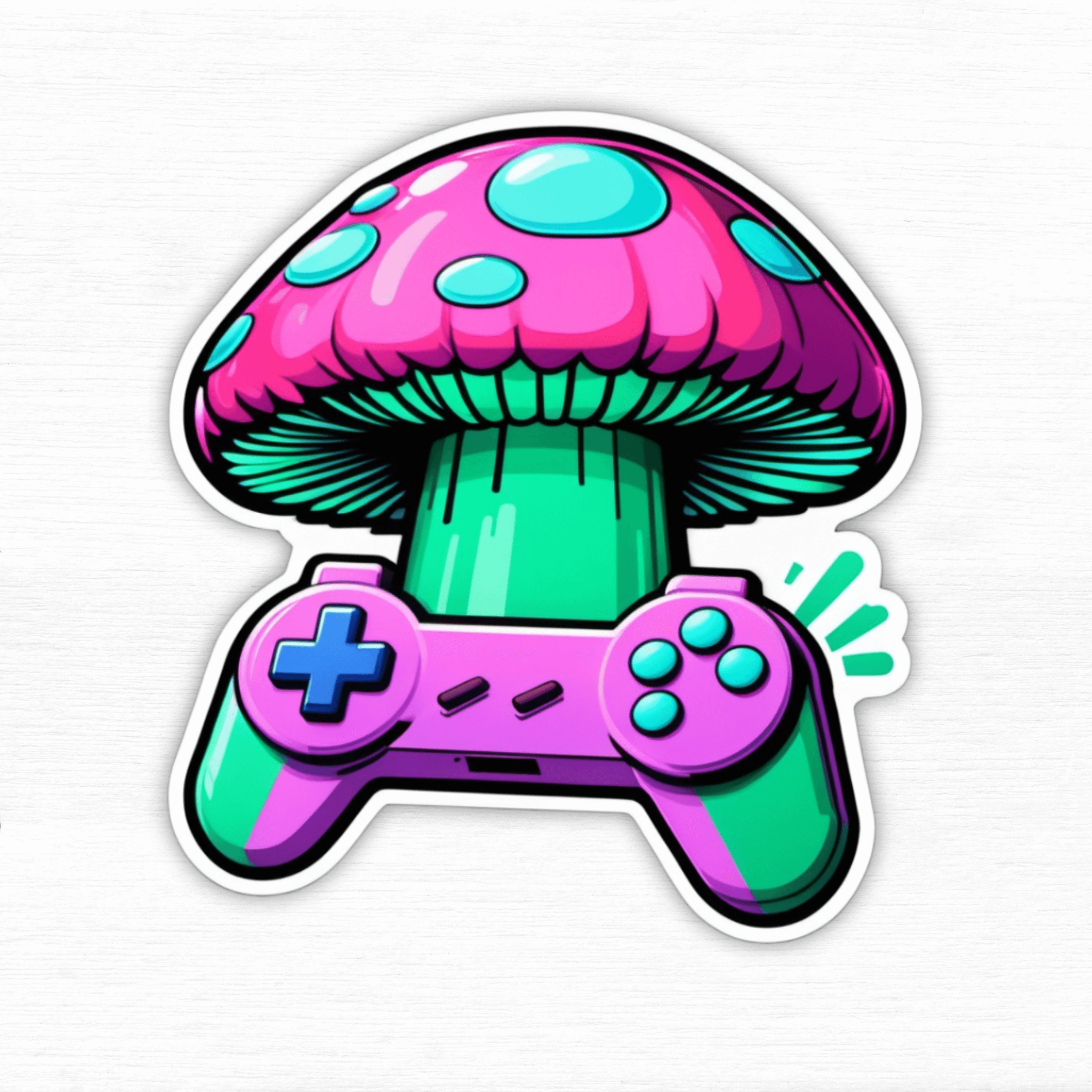Pixel Power-Up: Retro Gaming Nostalgia Sticker featuring a colorful mushroom and game controller design.