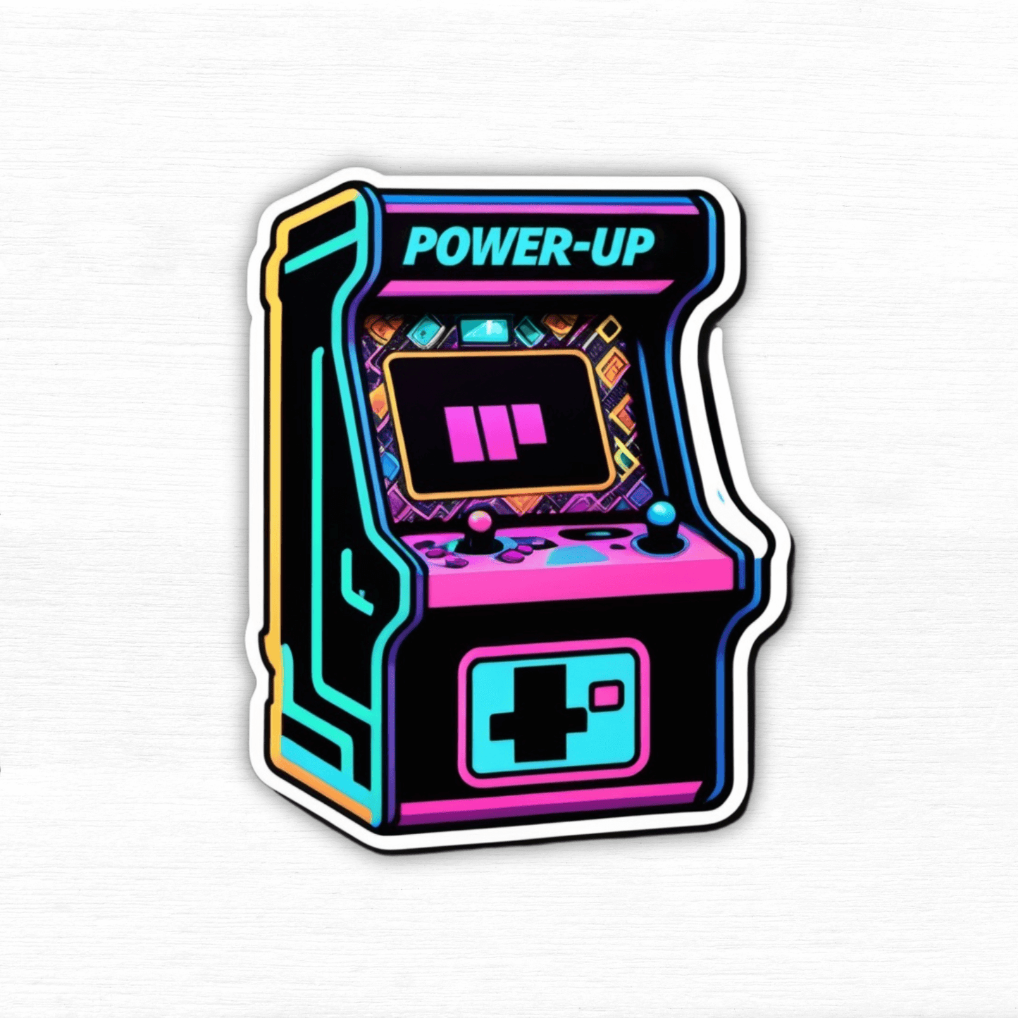 Retro Arcade Power-Up Vinyl Sticker featuring a colorful retro arcade game design.