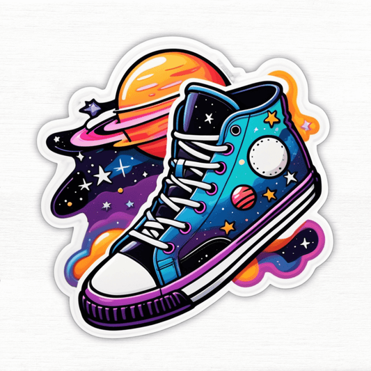 Cosmic Kicks: Retro Sneakers in Space Vinyl Sticker featuring vibrant shoe in cosmic design.