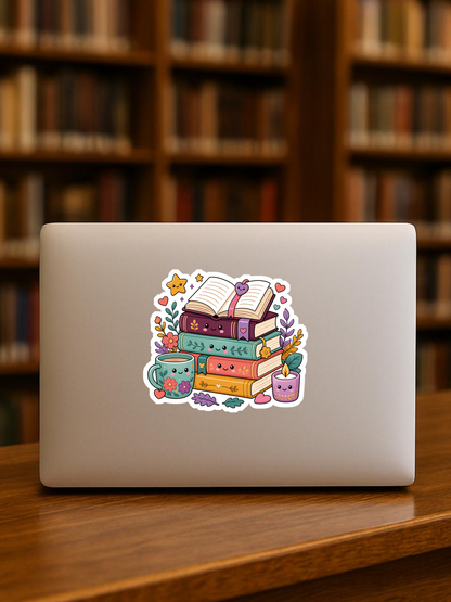 Stacks of Cozy Books Vinyl Sticker on a bookshelf laptop