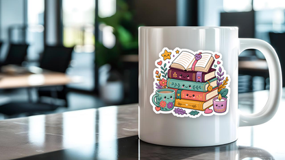 Stacks of Cozy Books Vinyl Sticker on a mug