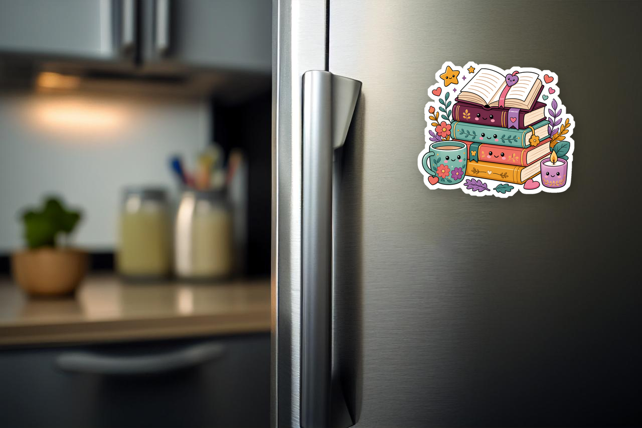 Stacks of Cozy Books Vinyl Sticker on a refrigerator
