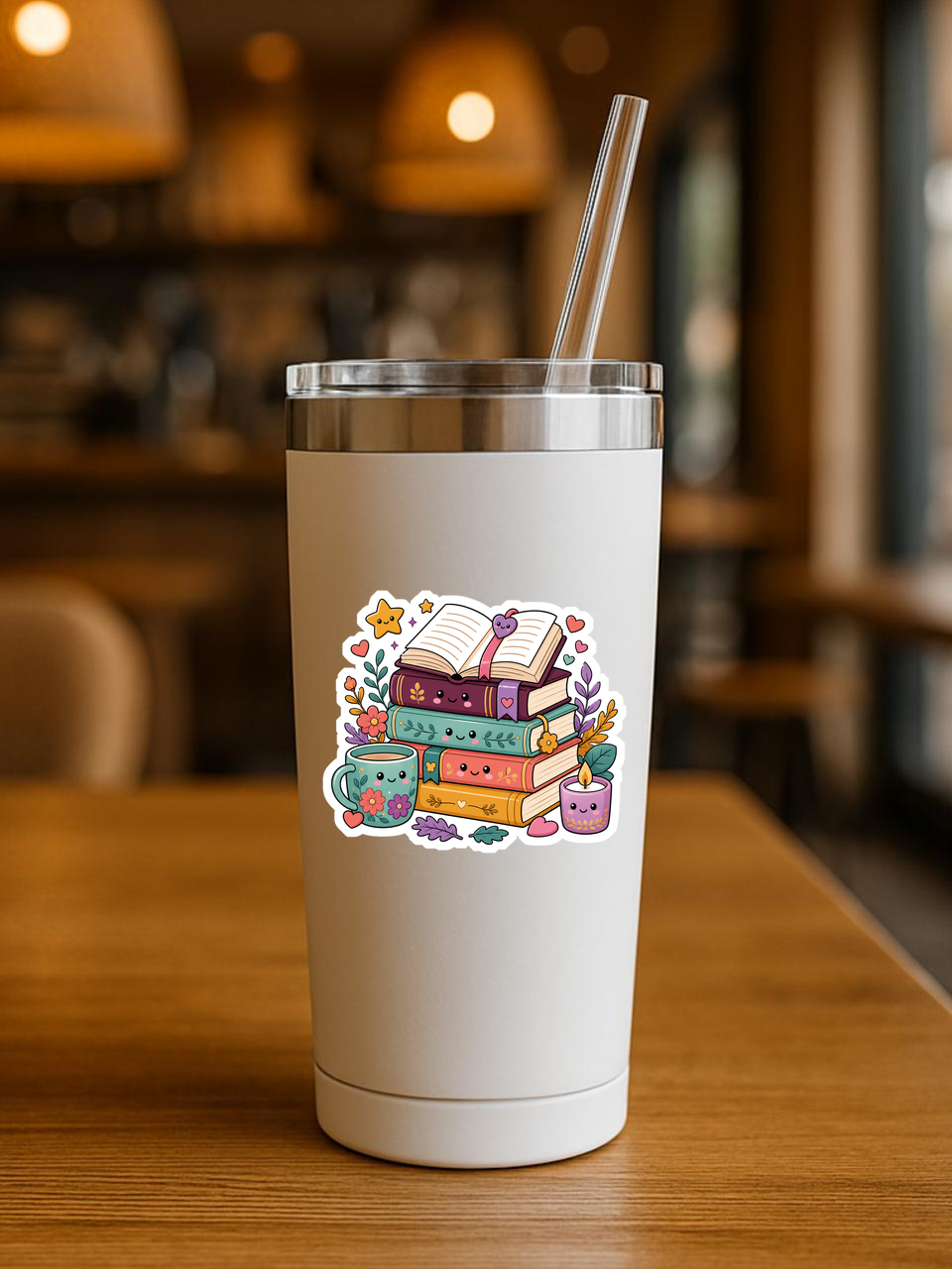 Stacks of Cozy Books Vinyl Sticker on a tumbler