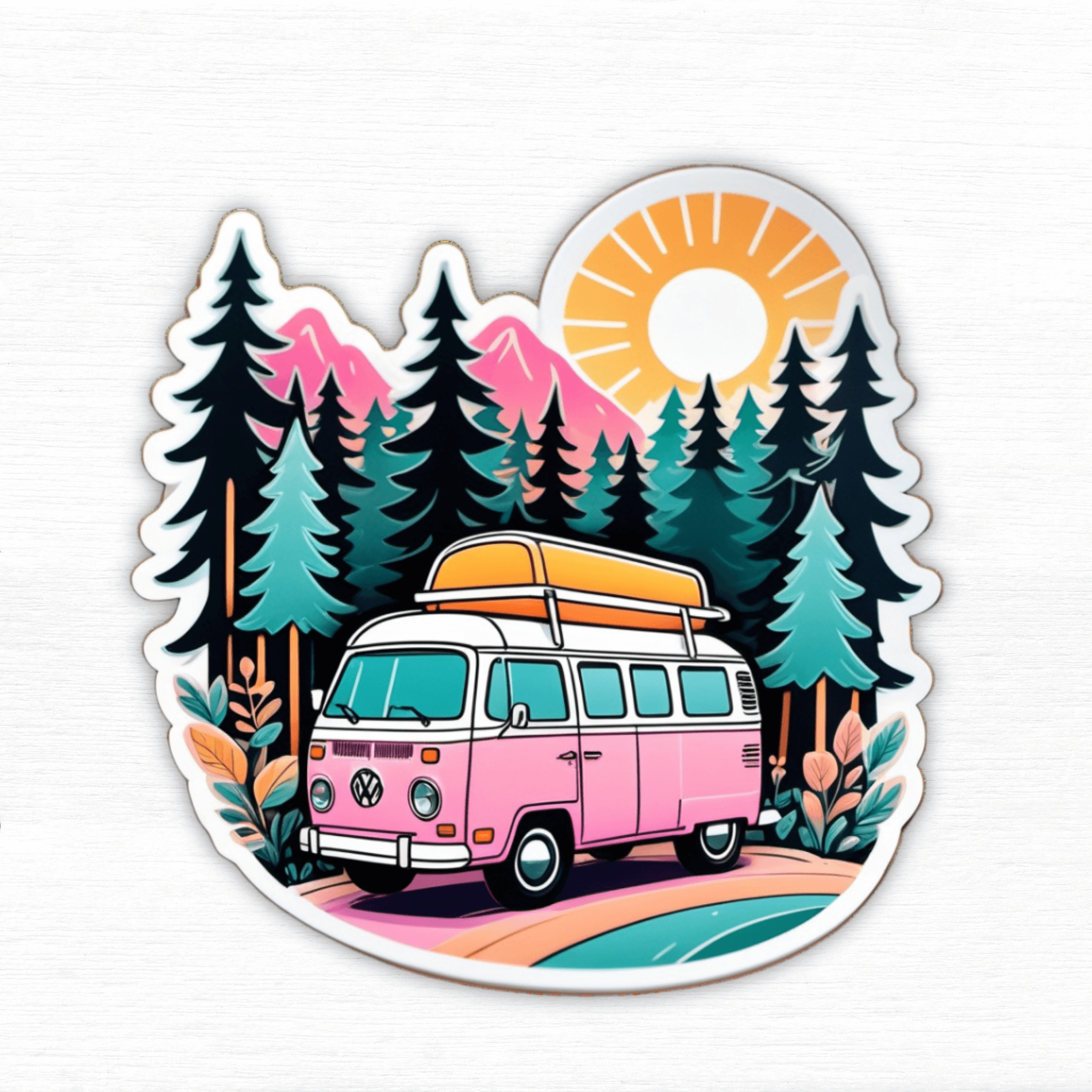 Chill Vanlife Sticker featuring a pink VW van surrounded by trees and a sun in a colorful design.