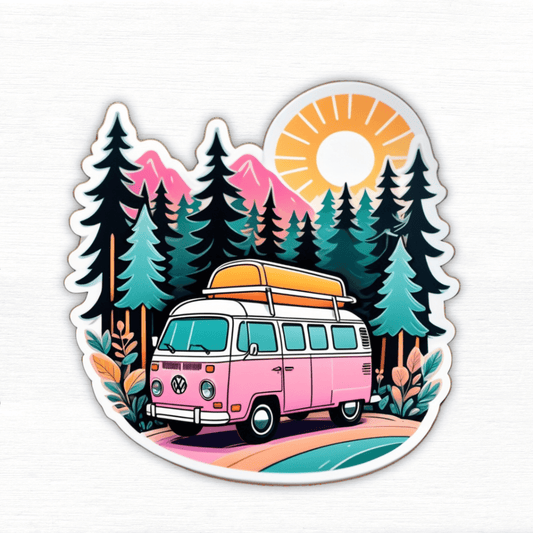 Chill Vanlife Sticker featuring a pink VW van surrounded by trees and a sun in a colorful design.