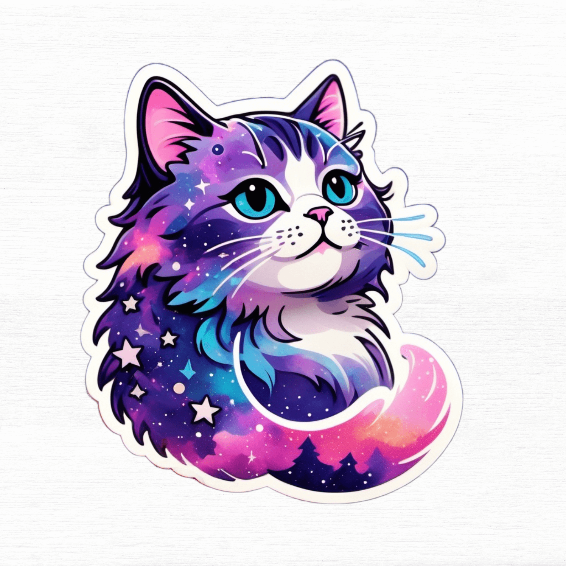 Celestial Dreams Galaxy Cat Vinyl Sticker featuring a colorful galaxy cat design with stars and vibrant colors.