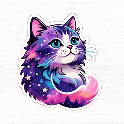 Celestial Dreams Galaxy Cat Vinyl Sticker featuring a colorful galaxy cat design with stars and vibrant colors.